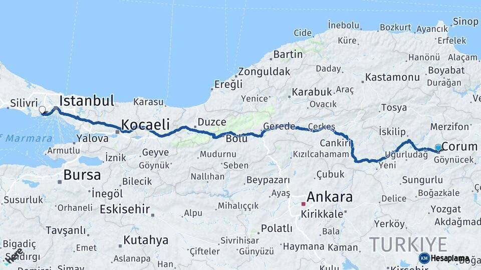 Çorum Küçükçekmece İstanbul Arası Kaç Km - Yol Haritası