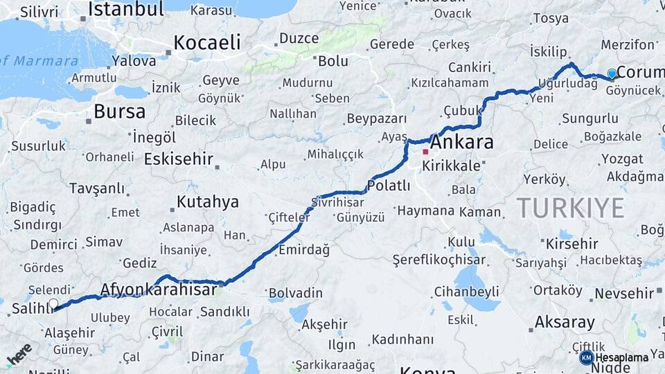 Çorum Kula Manisa Arası Kaç Km - Yol Haritası