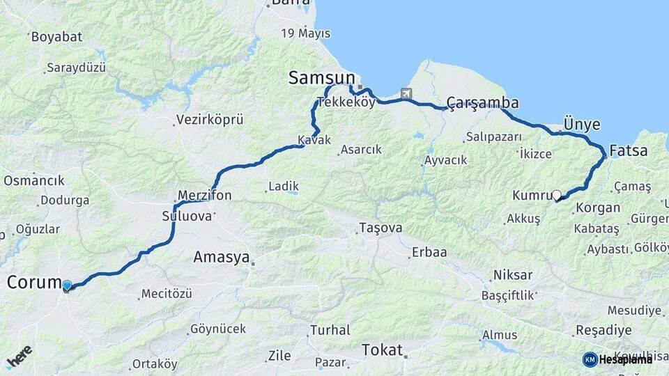 Çorum Kumru Ordu Arası Kaç Km - Yol Haritası
