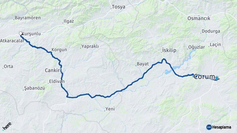 Çorum Kurşunlu Çankırı Arası Kaç Km - Yol Haritası