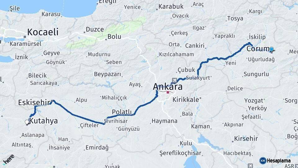 Çorum Kütahya Arası Kaç Km - Yol Haritası