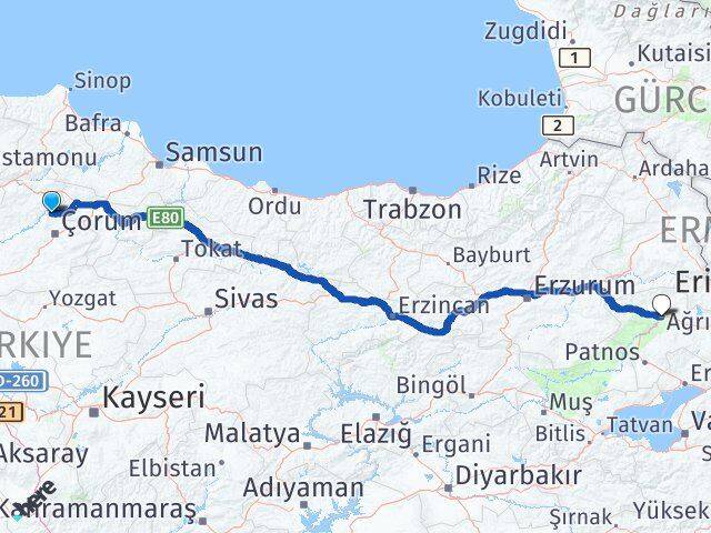 Çorum Laçin Ağrı Arası Kaç Km - Yol Haritası