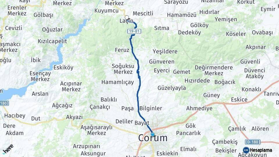 Çorum Laçin Arası Kaç Km - Yol Haritası
