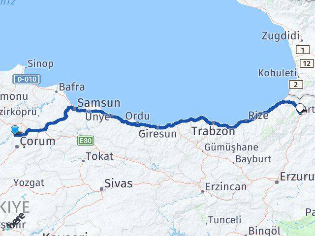 Çorum Laçin Artvin Arası Kaç Km - Yol Haritası