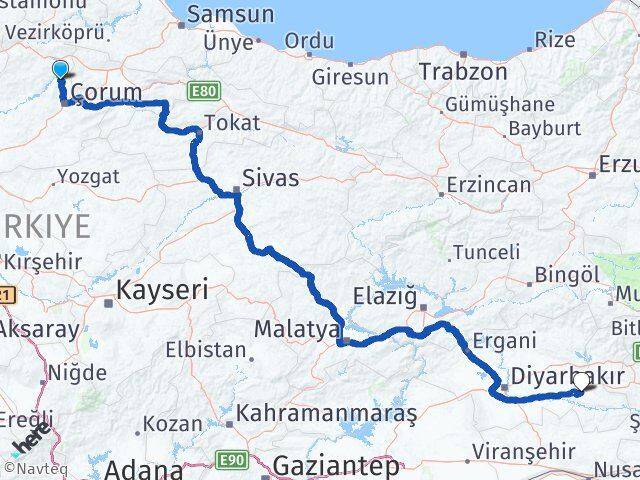 Çorum Laçin Batman Arası Kaç Km - Yol Haritası