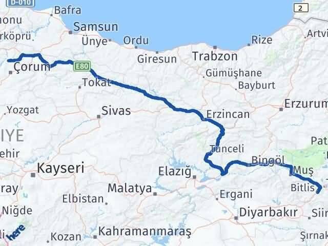 Çorum Laçin Bitlis Arası Kaç Km - Yol Haritası