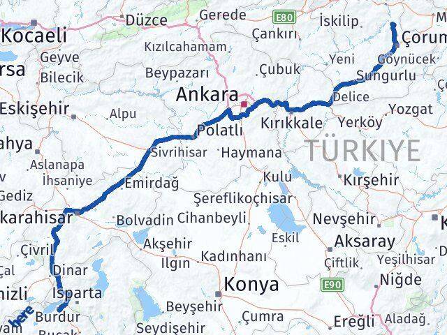 Çorum Laçin Burdur Arası Kaç Km - Yol Haritası