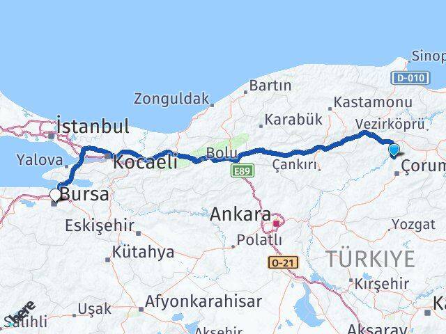 Çorum Laçin Bursa Arası Kaç Km - Yol Haritası