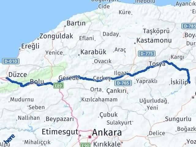 Çorum Laçin Düzce Arası Kaç Km - Yol Haritası