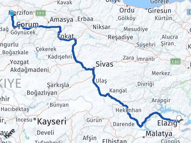 Çorum Laçin Elazığ Arası Kaç Km - Yol Haritası