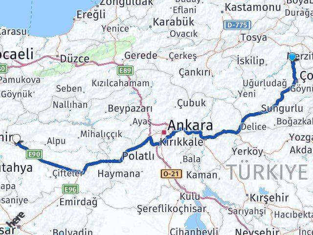 Çorum Laçin Eskişehir Arası Kaç Km - Yol Haritası