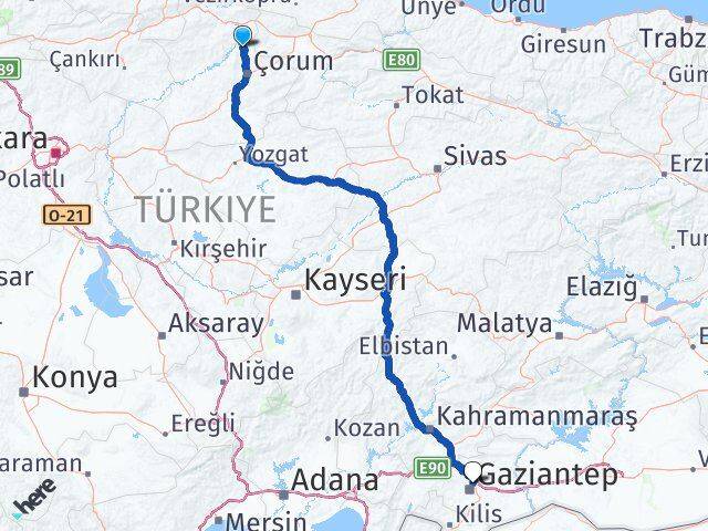 Çorum Laçin Gaziantep Arası Kaç Km - Yol Haritası