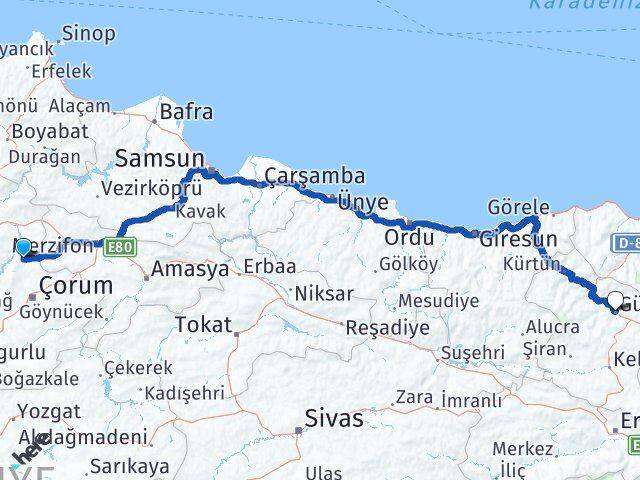 Çorum Laçin Gümüşhane Arası Kaç Km - Yol Haritası