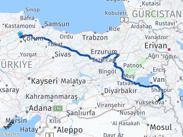 Çorum Laçin Hakkari Arası Kaç Km - Yol Haritası