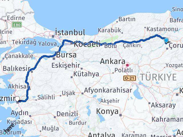 Çorum Laçin İzmir Arası Kaç Km - Yol Haritası
