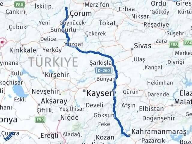 Çorum Laçin Kahramanmaraş Arası Kaç Km - Yol Haritası