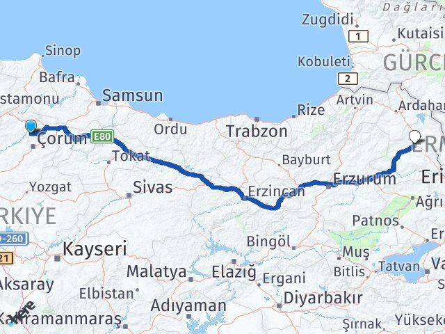 Çorum Laçin Kars Arası Kaç Km - Yol Haritası