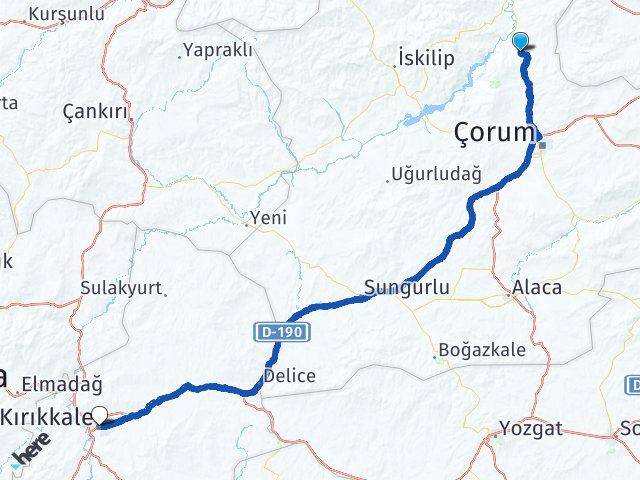 Çorum Laçin Kırıkkale Arası Kaç Km - Yol Haritası