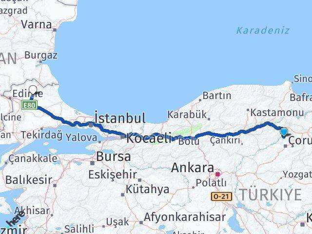 Çorum Laçin Kırklareli Arası Kaç Km - Yol Haritası