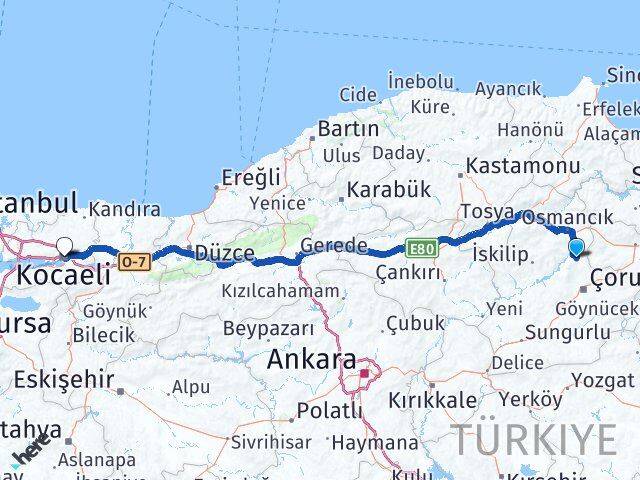 Çorum Laçin Kocaeli Arası Kaç Km - Yol Haritası