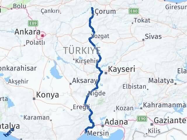 Çorum Laçin Mersin Arası Kaç Km - Yol Haritası
