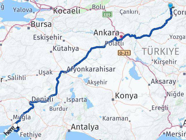 Çorum Laçin Muğla Arası Kaç Km - Yol Haritası