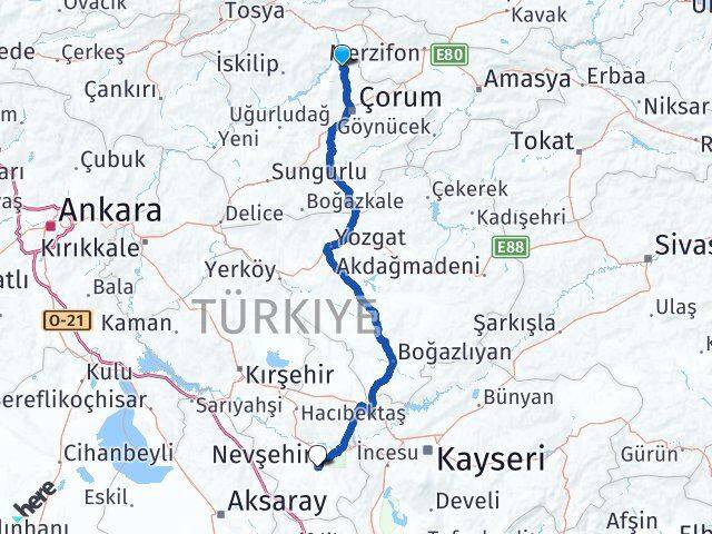 Çorum Laçin Nevşehir Arası Kaç Km - Yol Haritası