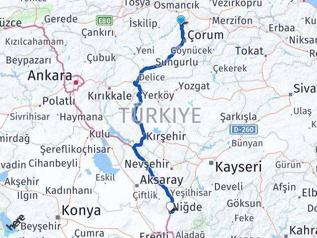 Çorum Laçin Niğde Arası Kaç Km - Yol Haritası