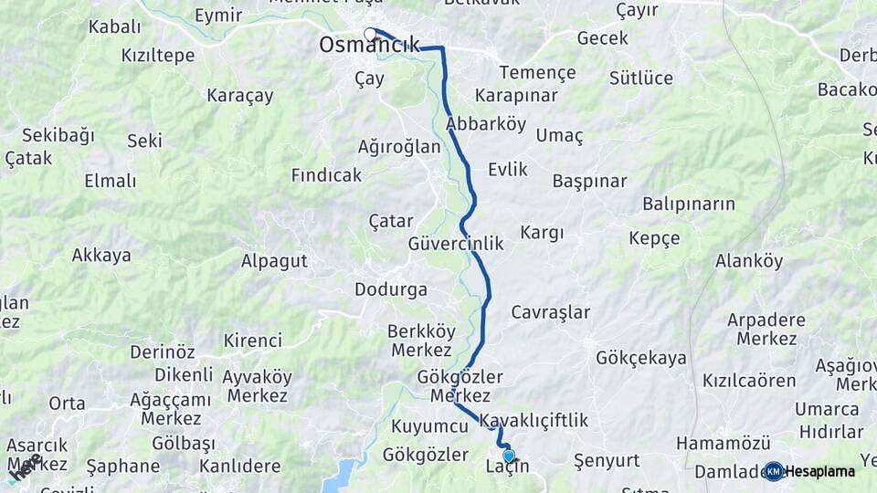 Çorum Laçin Osmancık Arası Kaç Km - Yol Haritası