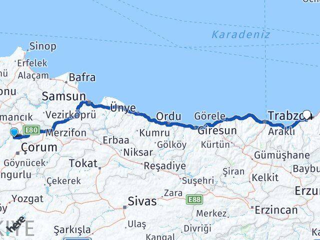 Çorum Laçin Rize Arası Kaç Km - Yol Haritası