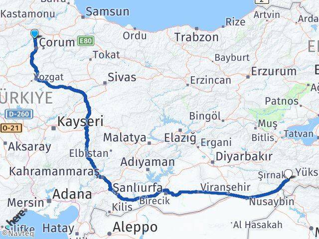 Çorum Laçin Şırnak Arası Kaç Km - Yol Haritası
