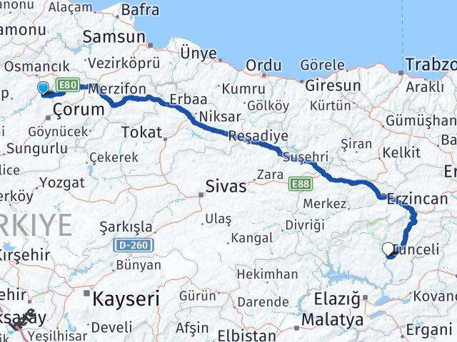 Çorum Laçin Tunceli Arası Kaç Km - Yol Haritası