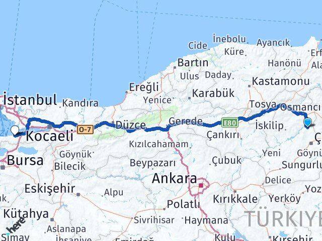 Çorum Laçin Yalova Arası Kaç Km - Yol Haritası