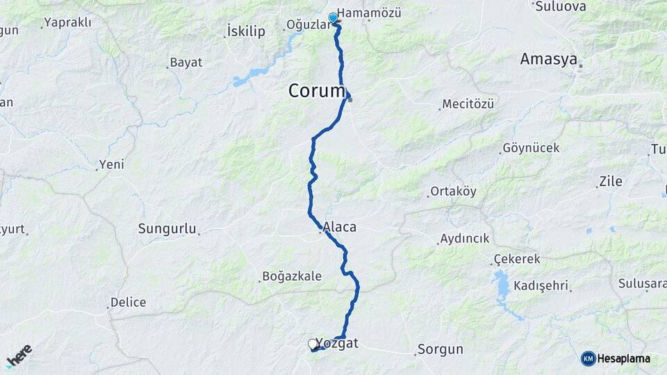 Çorum Laçin Yozgat Arası Kaç Km - Yol Haritası