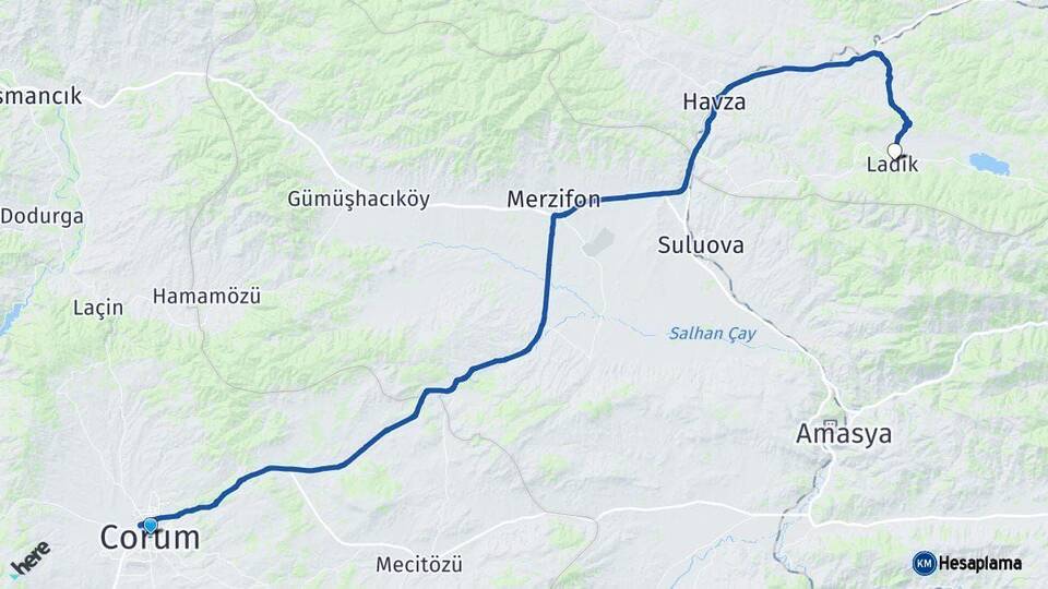 Çorum Ladik Samsun Arası Kaç Km - Yol Haritası