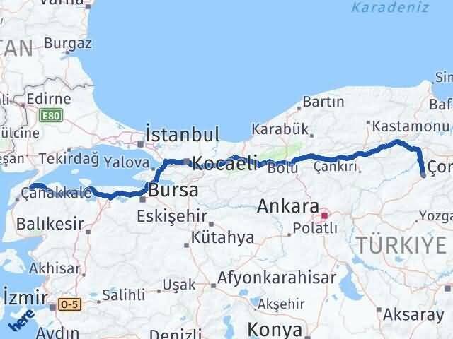 Çorum Lapseki Çanakkale Arası Kaç Km - Yol Haritası