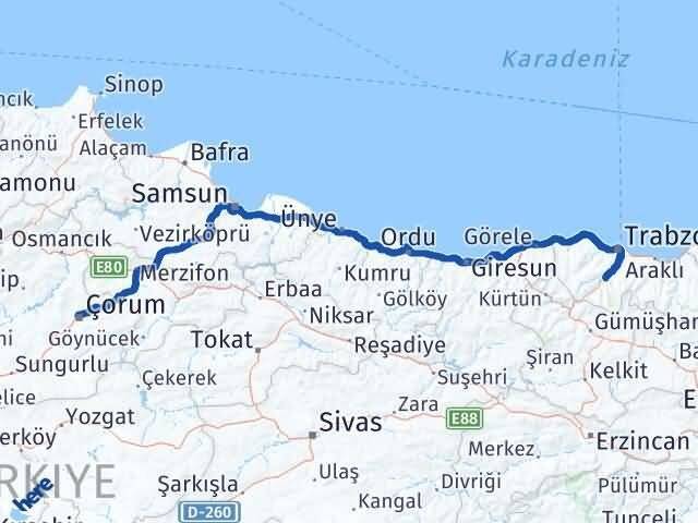 Çorum Maçka Trabzon Arası Kaç Km - Yol Haritası