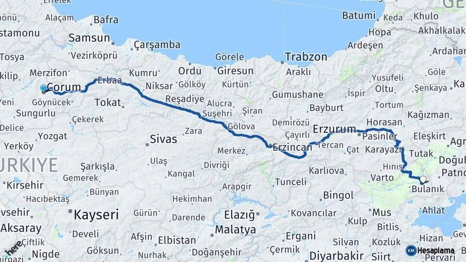 Çorum Malazgirt Muş Arası Kaç Km - Yol Haritası