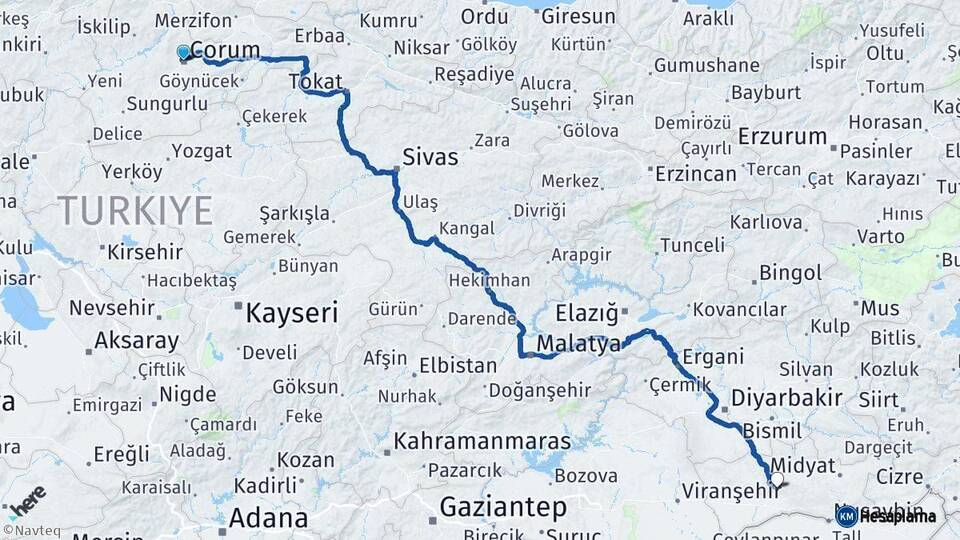 Çorum Mardin Arası Kaç Km - Yol Haritası