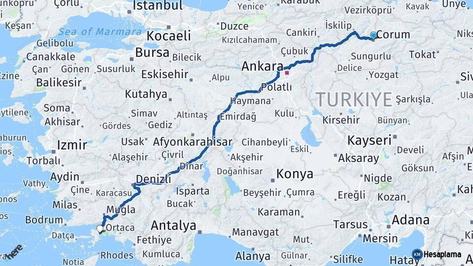 Çorum Marmaris Muğla Arası Kaç Km - Yol Haritası