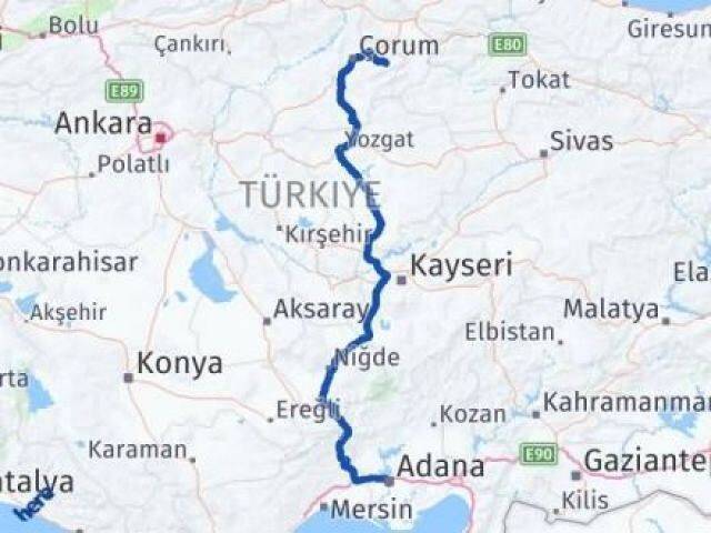 Çorum Mecitözü Adana Arası Kaç Km - Yol Haritası