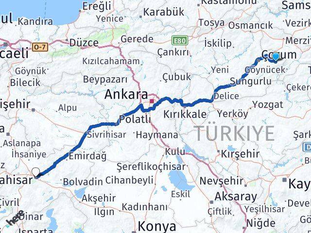 Çorum Mecitözü Afyonkarahisar Arası Kaç Km - Yol Haritası