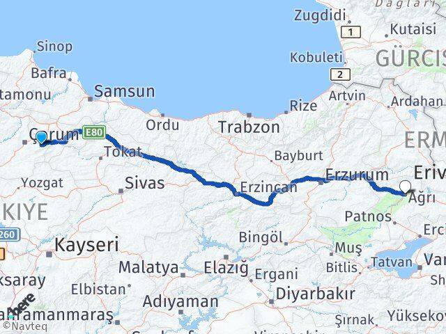 Çorum Mecitözü Ağrı Arası Kaç Km - Yol Haritası