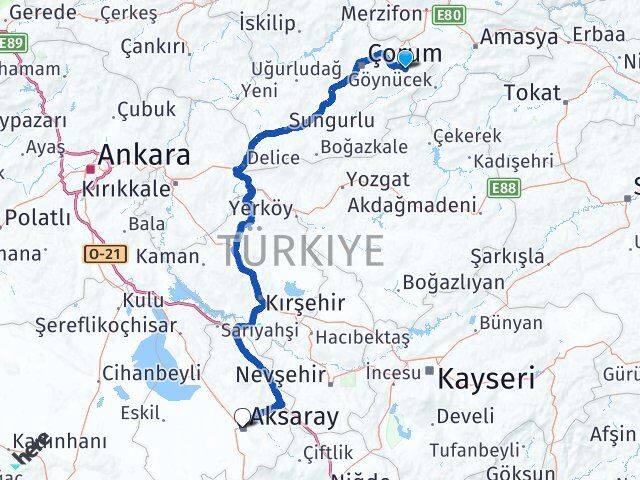 Çorum Mecitözü Aksaray Arası Kaç Km - Yol Haritası