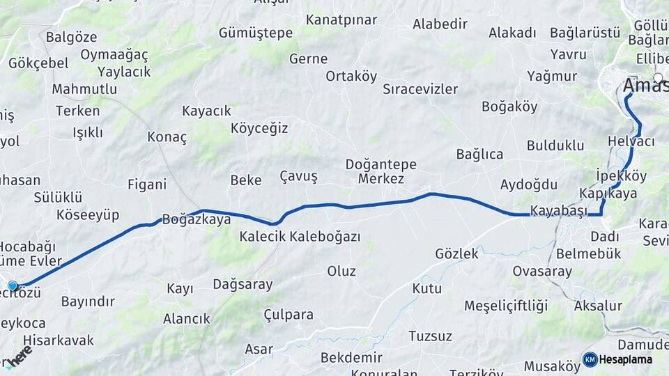 Çorum Mecitözü Amasya Arası Kaç Km - Yol Haritası