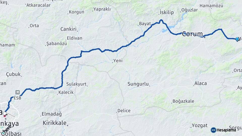 Çorum Mecitözü Ankara Arası Kaç Km - Yol Haritası