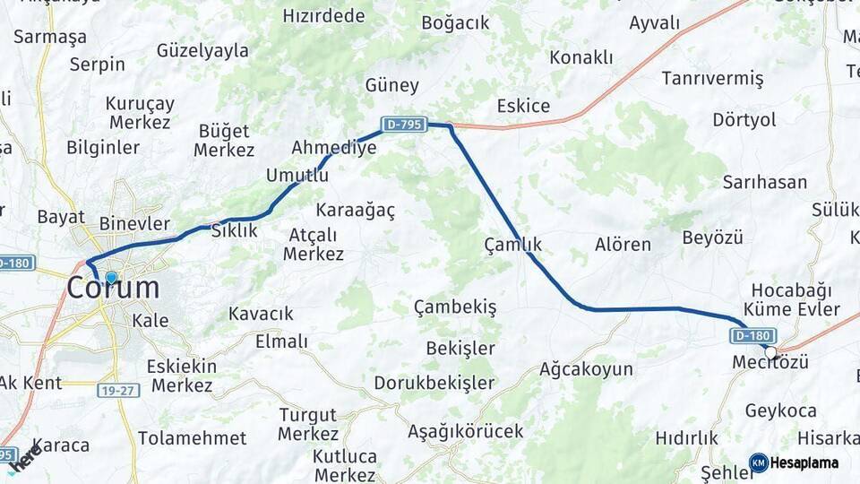 Çorum Mecitözü Arası Kaç Km - Yol Haritası