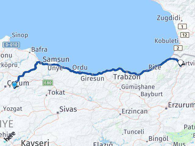 Çorum Mecitözü Artvin Arası Kaç Km - Yol Haritası