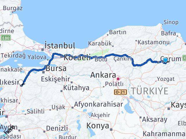 Çorum Mecitözü Balıkesir Arası Kaç Km - Yol Haritası