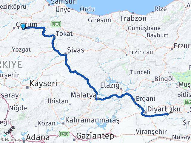 Çorum Mecitözü Batman Arası Kaç Km - Yol Haritası
